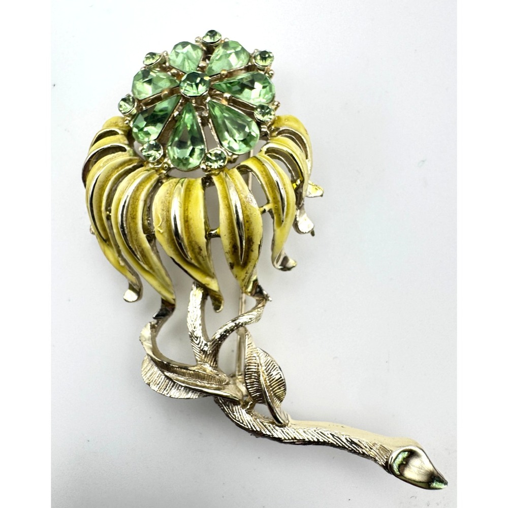 Vintage Enamel Flower Brooch Yellow Peridot Green Rhinestone Pin
